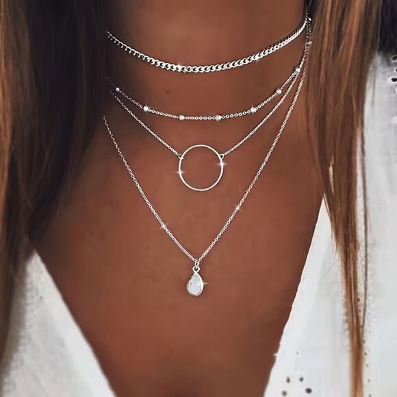 Jewelry - Multi Layer Silver Pendant Chain Necklace Teardrop Crystal Charm Collar Choker